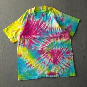 Vintage 90s Fruit of the Loom Rainbow Tie Dye T-shirt Large Swirl